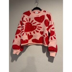 Luna Ivy Pink Red Mood of Love Sequin Hearts Knit Crewneck Sweater Sz M